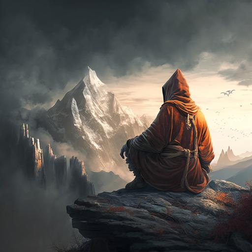 budist monk meditating on the top of the mountain, sky ,8k, artistic