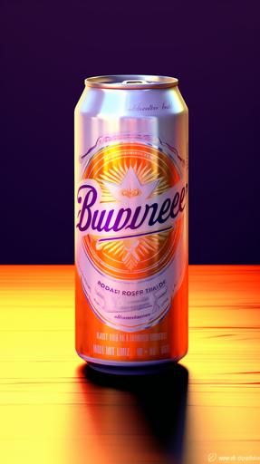budweiser beer can advertisement, hyper realistic, popart colors purple and orange --ar 9:16
