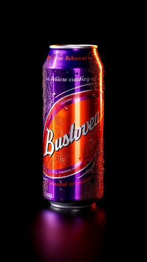 budweiser beer can advertisement, hyper realistic, popart colors purple and orange --ar 9:16