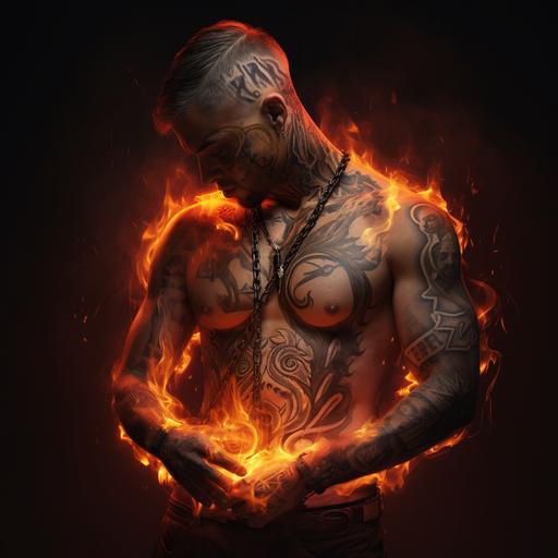 buff tattooed man holding a heart, chains his neck, fire, black, light, vibrant, semi-realistic, 4k