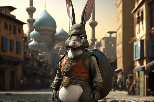 bugs bunny cartoon like a ottoman soldier, old istanbul background, depth of field, medium shot, unreal engine, octane render, hyperrealistic, detailed, --ar 3:2 --q 2 --v 4