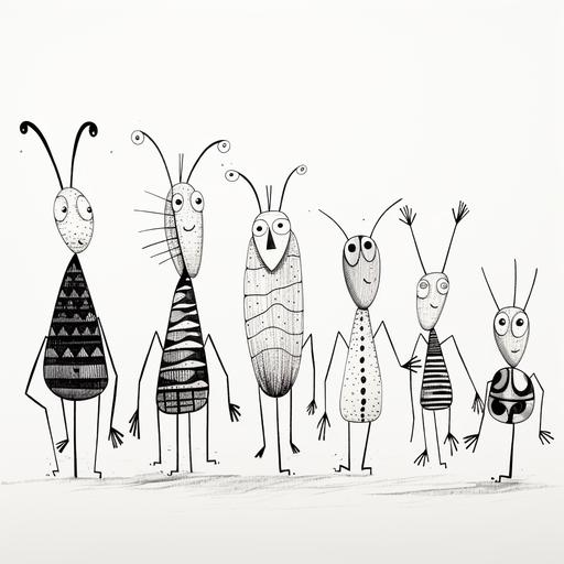 bugs, drawing graphic pen line, abstract, minimalistic, plant, characters, chidren drawing style