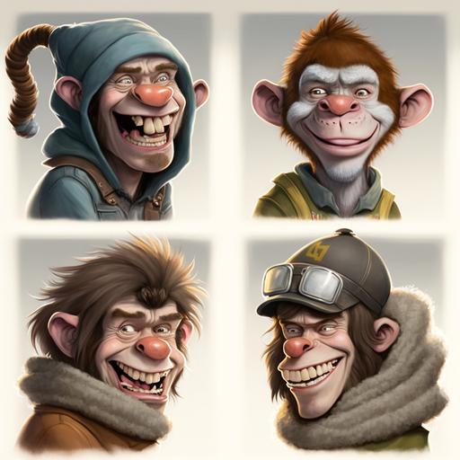 four crazy goofy laughing monkey boys with mullets dressed in winter gear, caricaturized, camping, mug shots, art by WLOP and artgerm, mad magazine, cinematic lighting --stylize 300 --chaos 35 --v 4