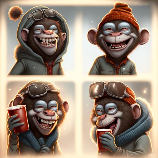 four crazy goofy laughing monkey boys with sling shots dressed in winter gear, caricaturized, camping, mug shots, art by WLOP and artgerm, cinematic lighting --stylize 300 --chaos 35 --v 4