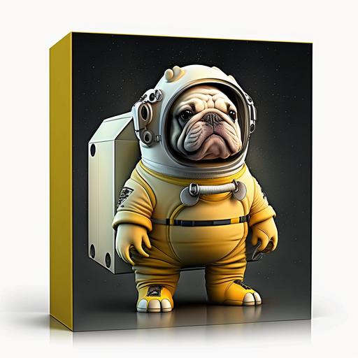 bulldog,3d,cute,cartoon,wearing costum astronot yellow,carrying gift box in hand decorated with ribbon