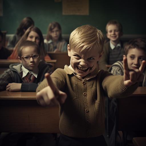 bully kid in class, scary, smiling, hand sign