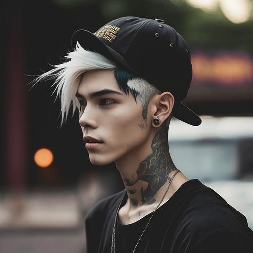 emo guy, white undercut hair, brown eyes, part Chinese white guy, stretched ears, black shirt, black hat, tattoos