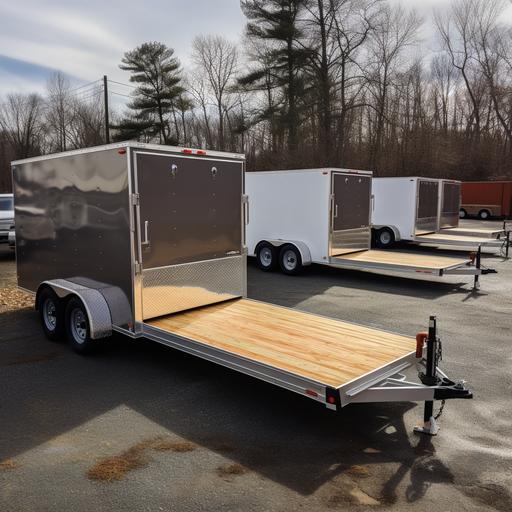 bumper pull 16 foot utility trailers 18 foot car haulers trailers and 20 foot enclosed trailers all on a lot waiting to be sold