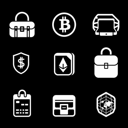bunch of icons related to travel, blockchain, wallet, delegation, corporation, vector, modern minimalistic, black and white, 70s comic travvell book --v 6.0