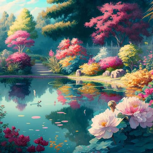 an english garden full of different colorful flowers and a pond, painting 4k style of Hiroki Takeda