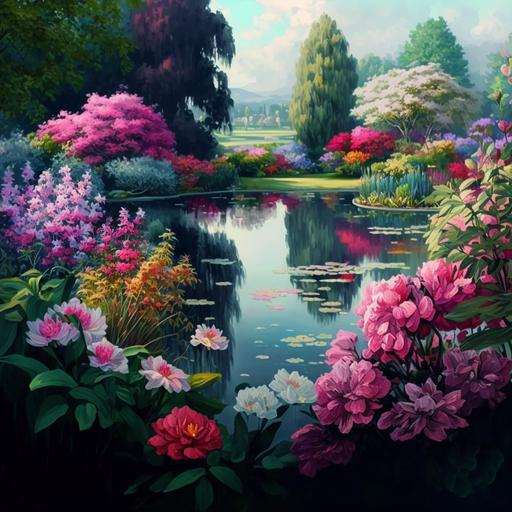 an english garden full of different colorful flowers and a pond, painting 4k style of Hiroki Takeda