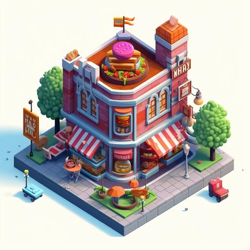burger joint from New Orleans with hugh burger and fries insignia on the top of the burger joint isometric view   white background   icon   world map icon   game art   HD   AAA quality   clash of clan art style --v 5.1