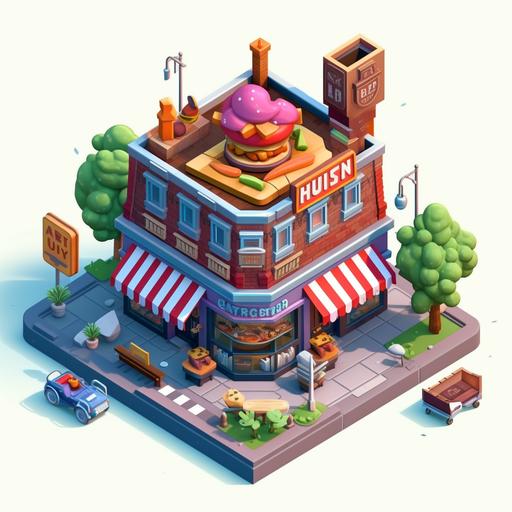 burger joint from New Orleans with hugh burger and fries insignia on the top of the burger joint isometric view   white background   icon   world map icon   game art   HD   AAA quality   clash of clan art style --v 5.1