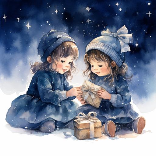 Christmas watercolor ilustration dark blue toddlers sharing gifts