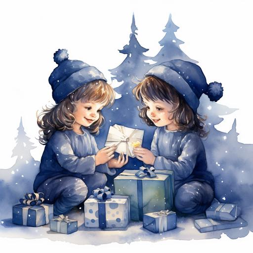 christmas watercolor ilustration dark blue toddlers sharing gifts