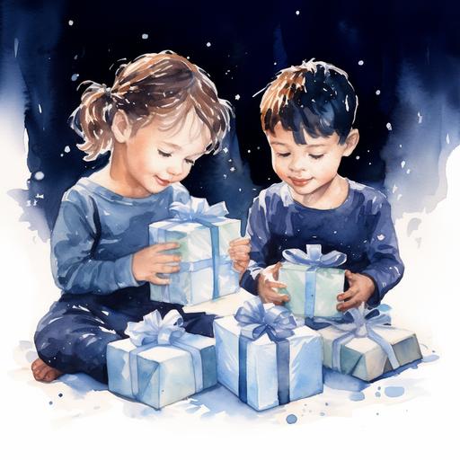 christmas watercolor ilustration dark blue toddlers sharing gifts