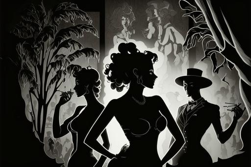 burlesque club, noir, silhouettes, smokey --ar 3:2