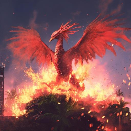 burning Flamingo phoenix dragon, rising from the ashes of a burned down flamingo dragon king temple Midgard J.R.R.Tolkin style, Panoramic shot, anime.