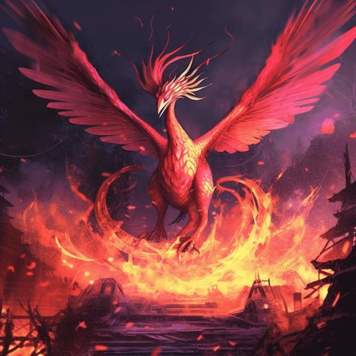 burning Flamingo phoenix dragon, rising from the ashes of a burned down flamingo dragon king temple Midgard J.R.R.Tolkin style, Panoramic shot, anime.