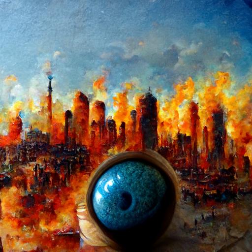 burning city , oil painting , calm blue skies , eye ball , clay art