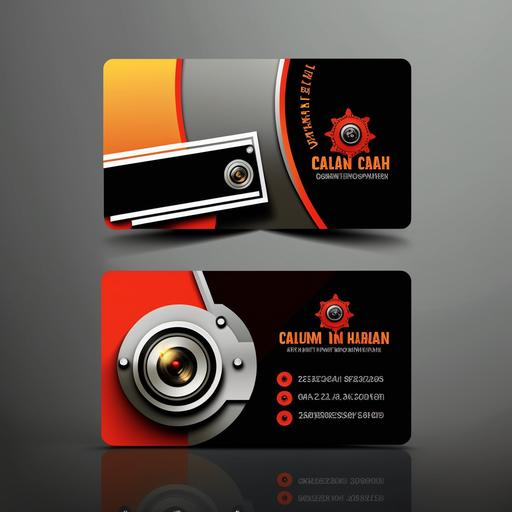 business card format, cannon camera black and silver, title AV Photostudio, background red and orange, background beige, background white black, 3 D logo AV, --v 4