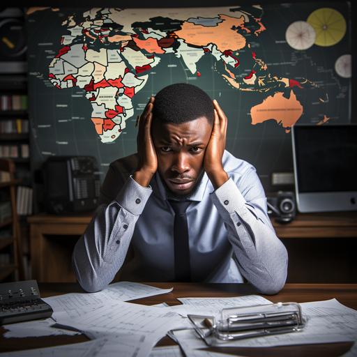business man in south africa looking stressed in the office, cash balance logo behind him