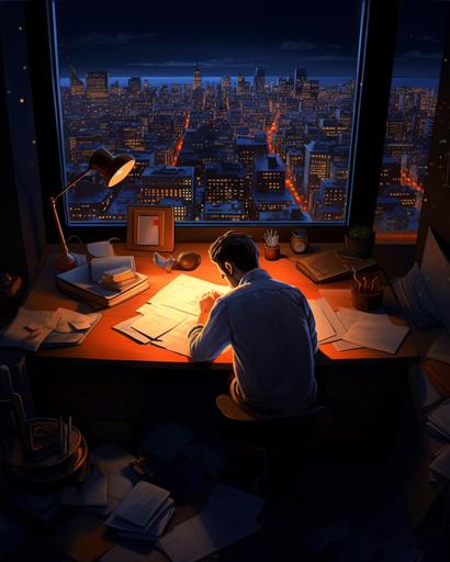 business man writing at his desk at night, dark, aerial view, cartoon, pixar style, lamp in corner with orange glow, dark blue grey white orange --ar 4:5