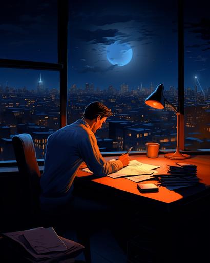 business man writing at his desk at night, dark, aerial view, cartoon, pixar style, lamp in corner with orange glow, dark blue grey white orange --ar 4:5