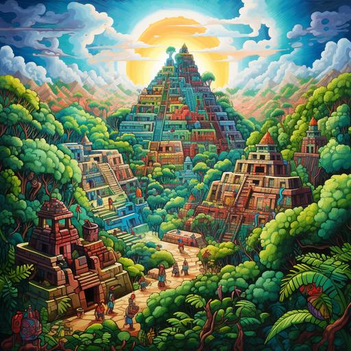 busy mayan city Chichen iza in jungle drawing mexican art colourful