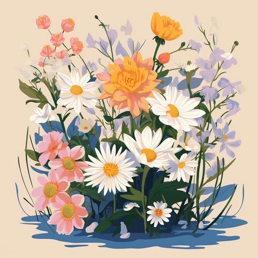 but with violets, daisies, water lilies and chrysanthemums. Same type of flat illustration. Same image ratio.