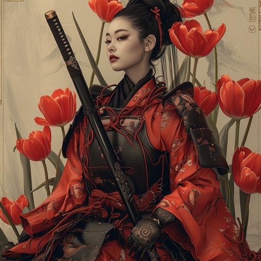 butchy but femme samurai tulip woman, lesbian samurai fashion pose --v 6.0