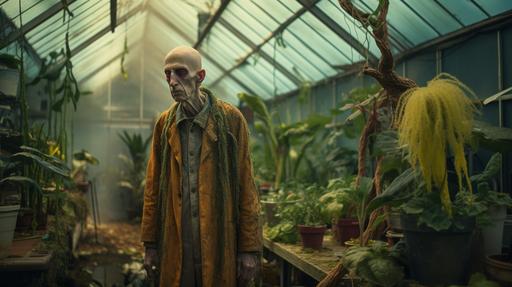 very tall, scary, skinny old man, watering a monster plant, standing in a greenhouse, wearing ripped and dirty overalls, dirty, Wes Anderson style colours, ultra realistic, 8k, --ar 16:9
