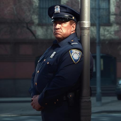 fat arnold schwarzenegger dressed as a police officer with a hat standing behind a small pole