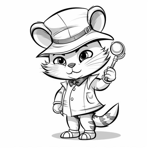 b/w cat whith a detective hat and magnifying glass inspecting those lines, full white, white background, Sketch style, whiteboard animation (((((white background))))), only use outline., cartoon style, line art, coloring book, clean line art, white background, Sketch style, no gray scale
