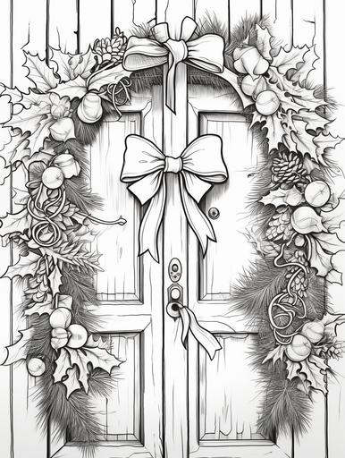 b/w outline art for kids coloring book page, full white, Sketch style, cartoon style, clean line art, white background, A detailed festive holiday wreath made of pine branches, adorned with bells, ribbons, and red berries. The wreath hangs on a rustic wooden door. --ar 3:4 --s 50