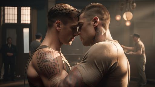 Steve Rogers kissing Bucky Barnes, very muscled and ripped bodies, at the boxing gym, tattooed, Unreal Engine 5, 1945, Cinematic, Ultra - Wide Angle, Depth of Field, hyper - detailed, insane details, intricate details, Unreal Engine, Cinematic, Editorial Photography, Photography, Shot on 70mm lens, Depth of Field, DOF, Tilt Blur, Shutter Speed 1/ 1000, F/ 22, White Balance, 32k, Super - Resolution, Megapixel, Pro Photo RGB, VR, Lonely, Good, Massive, Half rear Lighting, Backlight, Natural Lighting, Incandescent, Optical Fiber, Moody Lighting, Cinematic Lighting, Studio Lighting, Soft Lighting, Volumetric, Conte - Jour, Beautiful Lighting, Accent Lighting, Global Illumination, Screen Space Global Illumination, Ray Tracing Global Illumination, Optics, Scattering, Glowing, Shadows, Rough, Shimmering, Ray Tracing Reflections, Lumen Reflections, Screen Space Reflections, Diffraction Grading, Chromatic Aberration, GB Displacement, Scan Lines, Ray Traced, Ray Tracing Ambient Occlusion, Anti - Aliasing, FKAA, TXAA, RTX, SSAO, Shaders, OpenGL - Shaders, GLSL - Shaders, Post Processing, Post - Production, Cell Shading, Tone Mapping, CGI, VFX, SFX, insanely detailed and intricate, hyper maximalist, elegant, hyper realistic, super detailed, dynamic pose, photography, Hyper realistic, volumetric, photorealistic, ultra photoreal, ultra - detailed, intricate details, 8K, super detailed, ambient occlusion, volumetric lighting, high contrast, HDR, realistic, --ar 16:9 --v 5