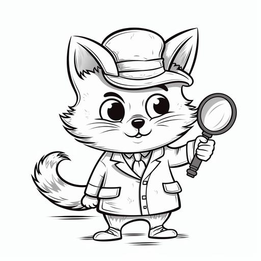 b/winsightfull cat whith a detective´s magnifying glass, uncovering little secrets about it´s owner, surrouded scene whith question marks ans hints of mistery, full white, white background, Sketch style, whiteboard animation (((((white background))))), only use outline., cartoon style, line art, coloring book, clean line art, white background, Sketch style, no gray scale