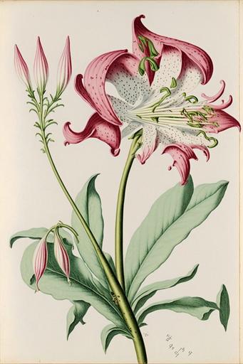 by Anthony Van Dyck, botanical drawing, pink Lillie with white dots, --ar 2:3
