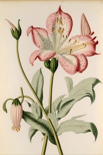 by Anthony Van Dyck, botanical drawing, pink Lillie with white dots, --ar 2:3