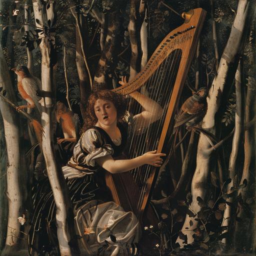 by Caravaggio Michelangelo Merisi Dans une forêt, une rousse joue de la harpe. Huit lutins dansent autour des arbres au rythme de la musique --s 50 --v 6.0