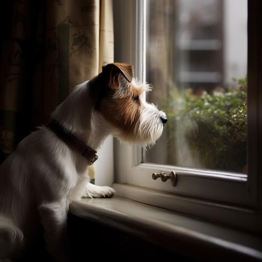 by Jamie Hewlett , jack russel terrier, long haired, sitting looking out a window to the garden, --v 5