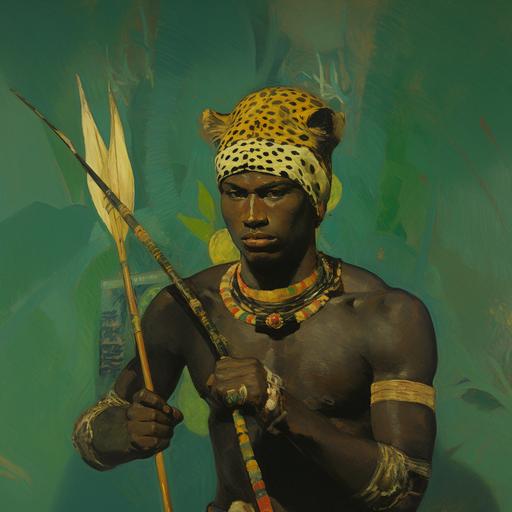 by Paul Gauguin, black African warrior holding a bow and one single arrow, leopard skin costume, green, golden jewelry, feather crown
