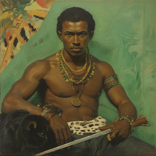 by Paul Gauguin, black African warrior holding a bow and an arrow, leopard leather costume, green, golden jewelry
