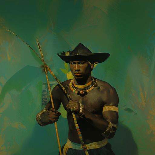 by Paul Gauguin, black African warrior holding a bow and one single arrow, green, golden jewelry, light brown leather hat with big feathers, black bull horns as ornaments hanging