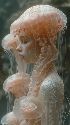 by hans bellmer and oskar schlemmer, pearl and Transparent crystal jellyfish floating in a pool of water, in the style of light pink, y2k aesthetic, soft mist, fleeting moments, cottagecore, captivating, unembellished --ar 9:16 --stylize 1000 --v 6.0