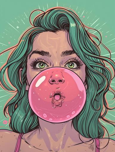 by naomi hendrick, in the style of lowbrow, a woman blowing a large bubble of chewing gum bubble, colored cartoon style, fairycore, high detail, 32k uhd --ar 3:4 --v 6.0