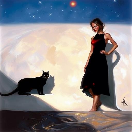byArtgerm--v 4, byAlex Alemany--v 4,byAnna Bocek--v 4, un ramo de [rosas rojas votado en el suelo][estrellas doradas] es de noche, la luna plateada en un cielo estrellado, beautiful woman in a black dress and a black cat,by Guy Bourdin --v 5