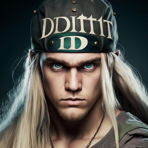 Create a warrior with long hair, blue eyes, with a cap with the logo of a company named Dtel, green letters and a white cap