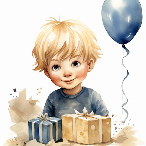 une illustration sur fond blanc, d'un petit garçon blond aux yeux bleus souriant, qui fête son anniversaire 5 ans. Le garçon est heureux et tient dans sa main un carton d'invitation.
