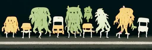 Anime style, a picture composed of 30 monsters walking on the road, including 3 table monsters, 3 chair monsters, 3 apple monsters, 3 TV monsters, 3 lamp monsters, 3 book monsters, 3 computer monsters, 3 pot monsters and 6 bus monsters, 8k,high detail --w 3000 --h 1000